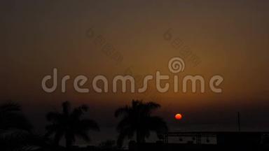 明亮日出的时间流逝。 快速移动的太阳。 前景是棕榈树和舞台设计的顶部。